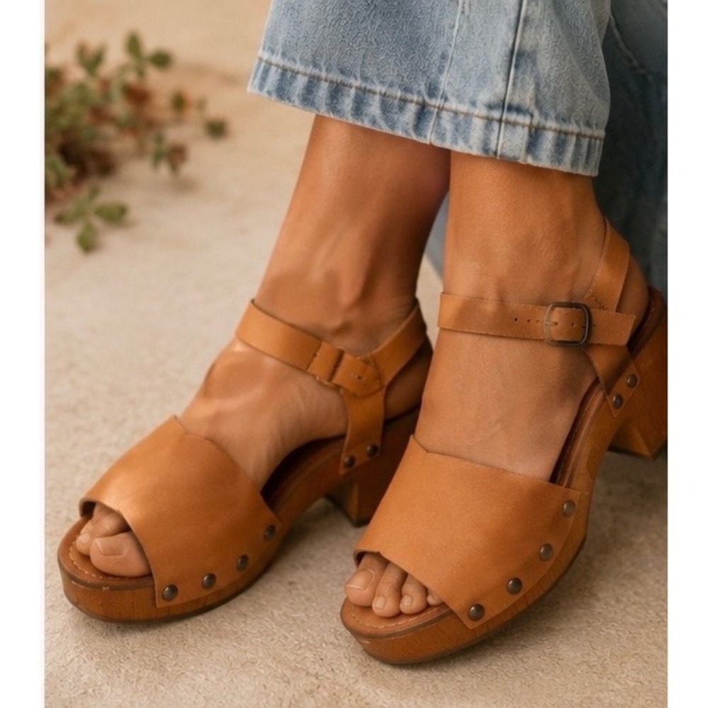Lucky Brand Leather Platform Clog Sandal Boho Coastal Retro Summer Chic Sz 8.5M
